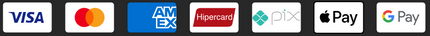 Visa, Mastercard, Amex, Hipercard, Elo, Apple Pay, Google Pay